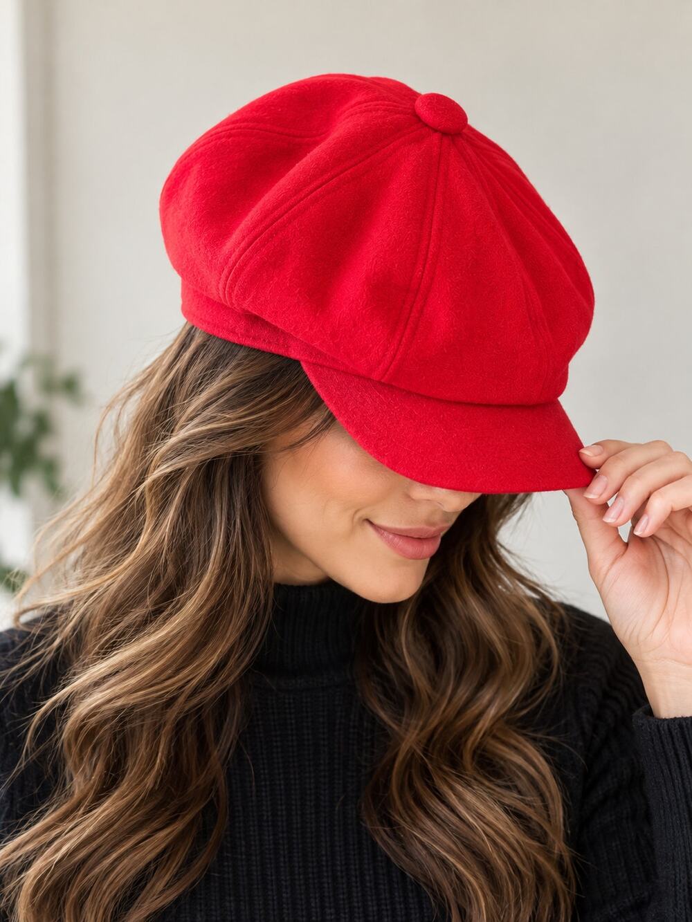 Vintage-Style Red Newsboy Cap Hat Soft Suede-Feel Brushed Finish Retro